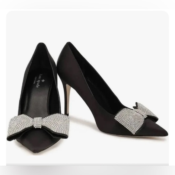 KATE SPADE crystal bow tie black satin Viena heels pumps rhinestone - Picture 2 of 7